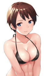 1girl bare_shoulders bikini black_bikini blush breasts brown_hair cleavage closed_mouth commentary_request hashi original short_hair simple_background smile solo swimsuit upper_body very_short_hair white_background