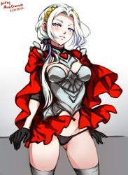 Rule 34 | 1girl, armor, black panties, blush, breasts, cape, closed mouth, edelgard von hresvelg, fire emblem, fire emblem: three houses, fire emblem warriors: three hopes, gloves, hair ornament, hair ribbon, long hair, looking at viewer, mina cream, nintendo, panties, purple eyes, red cape, ribbon, simple background, skirt, smile, solo, underwear, white hair