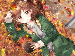 Rule 34 | 1girl, arm up, autumn leaves, blush, book, breasts, brown eyes, brown hair, brown skirt, chain, commentary request, day, green jacket, grey shirt, holding, holding leaf, jacket, leaf, long sleeves, looking at viewer, lying, maple leaf, medium breasts, misaki (misaki86), on side, open clothes, open jacket, original, outdoors, parted lips, plaid, pleated skirt, shirt, skirt, sleeves past wrists, solo, two side up