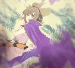 Rule 34 | 1girl, brown eyes, brown hair, cape, closed mouth, cowboy shot, earmuffs, from side, hair between eyes, looking at viewer, makuwauri, pointy hair, purple cape, short hair, sleeveless, solo, touhou, toyosatomimi no miko