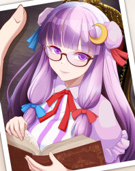 Rule 34 | 1girl, book, brown-framed eyewear, closed mouth, crescent, crescent hair ornament, drawing (object), dress, frilled sleeves, frills, hair ornament, highres, holding, holding book, indoors, kisaragi koushi, long hair, looking at viewer, neck ribbon, no headwear, open book, patchouli knowledge, pink dress, puffy short sleeves, puffy sleeves, purple eyes, purple hair, red ribbon, ribbon, semi-rimless eyewear, short sleeves, solo, striped clothes, striped dress, touhou, under-rim eyewear, vertical-striped clothes, vertical-striped dress, very long hair, wooden chair, wooden floor