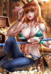 Rule 34 | 1girl, absurdres, bearwitch, bikini, breasts, cleavage, coin, collarbone, commentary, crown, denim, female focus, gold, green bikini, highres, holding, holding staff, huge filesize, jeans, jewelry, large breasts, long hair, looking at viewer, nail polish, nami (one piece), navel, one piece, open fly, orange hair, pants, sitting, smile, solo, staff, swimsuit, tattoo