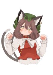Rule 34 | 1girl, animal ear piercing, animal ears, blush, bow, bowtie, breasts, brown hair, cat ears, cat tail, chen, closed mouth, commentary, cropped torso, double-parted bangs, earrings, fingernails, green hat, hair between eyes, hands up, hat, head tilt, highres, jewelry, long sleeves, looking at viewer, medium breasts, medium hair, mob cap, multiple tails, nekomata, paw pose, red vest, simple background, single earring, solo, tail, touhou, two tails, uchisaki himari, upper body, v-shaped eyebrows, vest, white background, white bow, white bowtie, yellow eyes