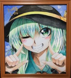 Rule 34 | 1girl, 283win, absurdres, acrylic paint (medium), black hat, blue background, commentary request, dated, green eyes, green hair, hat, hat ribbon, highres, index fingers raised, komeiji koishi, looking at viewer, medium hair, one eye closed, painting (medium), photo (medium), ribbon, shikishi, smile, solo, teeth, touhou, traditional media, upper body, yellow ribbon
