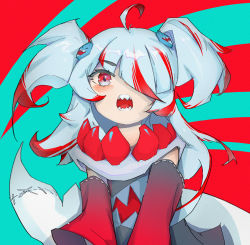 Rule 34 | 1girl, absurdres, ahoge, alternate color, blush, chunkyeggy, detached sleeves, eyelashes, film grain, fins, fish tail, gawr gura, gradient clothes, grey hair, hair over one eye, highres, hololive, hololive english, long hair, multicolored hair, open mouth, red eyes, red hair, reflect (gawr gura), shark tail, sharp teeth, short twintails, solo, stitches, streaked hair, tail, teeth, tongue, twintails, virtual youtuber