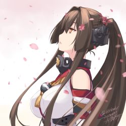 Rule 34 | 10s, 1girl, bare shoulders, breasts, brown eyes, brown hair, cherry blossoms, collar, detached sleeves, from side, gradient background, hair between eyes, headgear, kantai collection, large breasts, long hair, looking to the side, looking up, petals, pink background, ponytail, rokuwata tomoe, solo, twitter username, white background, yamato (kancolle), z flag