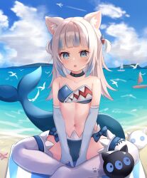 Rule 34 | 1girl, :o, absurdres, adapted costume, animal ear fluff, animal ears, beach, bikini, black collar, blue bikini, blue eyes, blue gloves, blue hair, blue sky, blush, boat, breasts, cat ears, cloud, collar, fins, fish tail, gawr gura, gloves, hair ornament, highres, hololive, hololive english, looking at viewer, medium hair, multicolored hair, navel, nekopurin (nyanko prin), outdoors, sand, shark girl, shark hair ornament, shark print, shark tail, short twintails, sitting, sky, small breasts, solo, stomach, strapless, strapless bikini, streaked hair, swimsuit, tail, thighhighs, twintails, two side up, virtual youtuber, water, watercraft, white hair, white thighhighs
