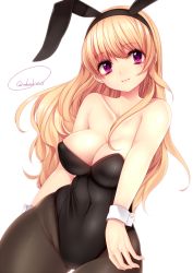 Rule 34 | 1girl, animal ears, bare shoulders, blonde hair, breasts, cleavage, closed mouth, covered navel, cowboy shot, fake animal ears, female focus, hairband, highres, large breasts, leotard, long hair, looking to the side, mole, mole under eye, original, pantyhose, playboy bunny, purple eyes, rabbit ears, sasakichi (ssk chi), simple background, sleeveless, smile, solo, text focus, thigh gap, twitter username, very long hair, white background, wrist cuffs