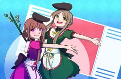 Rule 34 | 2girls, :d, apron, bamboo, bow, brown hair, commentary, dress, english commentary, eyes visible through hair, green dress, green eyes, grin, hat, highres, looking at viewer, multiple girls, nishida satono, open mouth, outstretched arm, puffy short sleeves, puffy sleeves, purple dress, purple eyes, short hair with long locks, short sleeves, smile, speckticuls, tate eboshi, teireida mai, touhou, waist apron, yellow bow