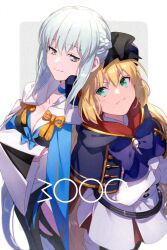 Rule 34 | 2girls, artoria caster (fate), artoria caster (second ascension) (fate), artoria pendragon (fate), belt, beret, black bow, black dress, blonde hair, blue cape, blue eyes, blue headwear, blush, bow, braid, breasts, buttons, cape, choker, cleavage, collarbone, crossed arms, dress, echo (circa), fate/grand order, fate (series), french braid, gold trim, green eyes, grey hair, hair bow, hat, hood, hooded cape, large breasts, long hair, long sleeves, morgan le fay (fate), multicolored cape, multicolored clothes, multiple girls, pelvic curtain, ponytail, red cape, sidelocks, small breasts, twintails, two-tone dress, very long hair, white dress, wide sleeves
