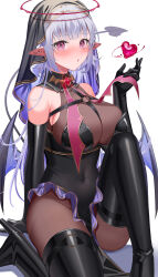 1girl absurdres amahara_subaru black_footwear black_leotard blush bodystocking boots breasts chest_harness covered_navel demon_tail demon_wings ear_piercing elbow_gloves gloves gradient_hair grey_hair halo harness heart high_heel_boots high_heels highres knee_up large_breasts leotard long_hair looking_at_viewer multicolored_hair original parted_lips piercing pink_eyes pointy_ears purple_hair simple_background sitting solo tail tail_ornament tail_piercing thigh_boots veil very_long_hair white_background wings