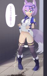 Rule 34 | 1girl, animal ears, blue eyes, boots, clothes lift, fang, highres, lifted by self, outdoors, panties, panty pull, peeing, public indecency, purple hair, pussy, ruhuyu (show by rock!!), show by rock!!, sinasimu, skin fang, skirt, skirt lift, smile, solo, standing, tail, thighhighs, uncensored, underwear, wolf ears, wolf girl, wolf tail
