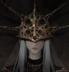 Rule 34 | 1boy, androgynous, artist name, closed mouth, covered eyes, dark souls (series), dark souls i, dark sun gwyndolin, facing viewer, grey background, helmet, highres, long hair, male focus, patreon username, pink lips, portrait, solo, spikes, white hair, wlop