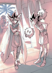 Rule 34 | 3boys, atem, black hair, bracelet, character request, closed mouth, commentary request, crossed arms, dyed bangs, earrings, fushitasu, hands on own hips, jewelry, kuriboh, leaning forward, male focus, millennium puzzle, multiple boys, muto yugi, open mouth, pillar, shoes, spiked hair, standing, sweatdrop, yu-gi-oh!, yu-gi-oh! duel monsters