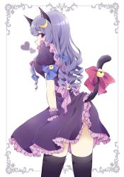 Rule 34 | 1girl, alternate costume, animal ears, bell, black thighhighs, blush, bow, cat ears, cat tail, crescent, crescent hair ornament, dress, drill hair, hair bow, hair ornament, heart, kemonomimi mode, long hair, looking at viewer, looking back, maruta (shummylass), patchouli knowledge, profile, puffy sleeves, purple hair, red eyes, ribbon, sash, short sleeves, solo, tail, tail ornament, tail ribbon, thighhighs, touhou, upskirt, white background, wrist cuffs