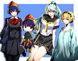 Rule 34 | 3girls, aegis (persona), alternate costume, android, bag, black bag, black hair, black sailor collar, black shirt, black skirt, blonde hair, blue background, blue dress, blue eyes, blue hair, blush stickers, border, chibi, closed mouth, collared shirt, commentary request, dress, gekkoukan high school uniform, highres, labrys (persona), long hair, long sleeves, looking at viewer, metis (persona), multiple girls, nakano maru, neck ribbon, neckerchief, outside border, pantyhose, persona, persona 3, persona 4, persona 4: the ultimate in mayonaka arena, ponytail, red eyes, red ribbon, ribbon, robot ears, sailor collar, school bag, school uniform, shirt, short hair, short sleeves, simple background, skirt, smile, uniform, very long hair, white border, white shirt, yasogami school uniform, yellow neckerchief