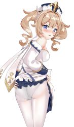 Rule 34 | 1girl, absurdres, ass, barbara (genshin impact), bare shoulders, blonde hair, blue eyes, blush, breasts, clothes lift, dress, from behind, genshin impact, hair ornament, hat, highres, kiniro tofu, long hair, looking at viewer, looking back, panties, panties under pantyhose, pantyhose, shiny clothes, shiny skin, sideboob, skirt, skirt hold, skirt lift, solo, twintails, underwear, white pantyhose