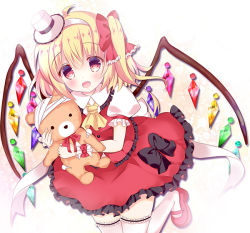 Rule 34 | 1girl, ahoge, ascot, bandages, blonde hair, bow, bowtie, collared shirt, crystal, fang, flandre scarlet, frilled shirt collar, frilled skirt, frilled sleeves, frilled thighhighs, frilled vest, frills, gradient eyes, hair between eyes, hair bow, hairband, hat, looking at viewer, mary janes, mini hat, mini top hat, multicolored eyes, pink footwear, puffy short sleeves, puffy sleeves, red bow, red bowtie, red eyes, red skirt, red vest, rika-tan (rikatantan), shirt, shoes, short sleeves, side ponytail, skirt, smile, solo, stuffed animal, stuffed toy, teddy bear, thighhighs, top hat, touhou, vest, white hat, white shirt, white thighhighs, wings, yellow eyes