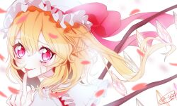 Rule 34 | 1girl, :p, blonde hair, closed mouth, commentary request, crystal, finger to mouth, flandre scarlet, hat, hat ribbon, highres, index finger raised, long hair, looking at viewer, mob cap, one side up, petals, portrait, red eyes, red ribbon, ribbon, shirt, signature, smile, solo, tongue, tongue out, touhou, white hat, white shirt, wings, zabu rou