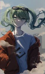 Rule 34 | 1girl, absurdres, ahoge, alternate hair color, blue sky, closed mouth, collarbone, commentary, day, eyewear on head, green eyes, green hair, hand in pocket, hatsune miku, highres, jacket, long hair, looking at viewer, off shoulder, open clothes, open jacket, orange jacket, outdoors, saikisaika, shirt, sky, solo, suna no wakusei (vocaloid), twintails, upper body, vocaloid, white shirt
