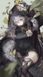 Rule 34 | 1girl, absurdres, ahoge, arknights, arm up, black coat, black dress, black thighhighs, breasts, brown eyes, bug, butterfly, butterfly on head, closed mouth, coat, covered navel, crocodilian tail, dress, feet out of frame, flower, goggles, goggles around neck, grey hair, highres, insect, long hair, long sleeves, looking at viewer, medium breasts, open clothes, open coat, pointy ears, short dress, smile, solo, tail, thighhighs, tomimi (arknights), vea (v ea ), very long hair, white flower, zettai ryouiki