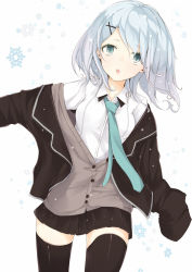 Rule 34 | 1girl, :o, black thighhighs, blue hair, breasts, cardigan, dress shirt, jacket, kojiki-life, looking at viewer, necktie, off shoulder, open cardigan, open clothes, open jacket, original, shirt, simple background, skirt, snowflakes, solo, thighhighs, white background, zettai ryouiki