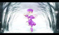 Rule 34 | 1girl, blush, boots, coat, fate/stay night, fate/zero, fate (series), forest, hat, illyasviel von einzbern, katedama, letterboxed, long hair, nature, pointing, purple footwear, purple hat, red eyes, scarf, snow, snowing, solo, tree, white hair, white scarf, winter