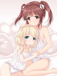 Rule 34 | 2girls, :o, bare arms, bare legs, bare shoulders, barefoot, bed sheet, blonde hair, blush, bow, bow panties, breasts, brown eyes, brown hair, camisole, cleavage, closed mouth, collarbone, commentary request, fingernails, frilled pillow, frills, green eyes, hair between eyes, hair bow, hand on another&#039;s head, heart, heart-shaped pillow, highres, holding hands, idolmaster, idolmaster cinderella girls, interlocked fingers, long hair, multiple girls, ogata chieri, panties, parted lips, pillow, sitting, small breasts, smile, strap slip, twintails, u2 (5798239), underwear, wariza, white bow, white camisole, white panties, yusa kozue