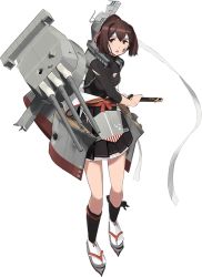 Rule 34 | 1girl, bodysuit, brown eyes, brown hair, cannon, full body, hair ribbon, ise (kancolle), ise kai ni (kancolle), japanese clothes, kantai collection, katana, kneehighs, machinery, nontraditional miko, official art, ponytail, ribbon, sandals, sash, shibafu (glock23), short hair, skin tight, socks, solo, sword, torn clothes, transparent background, turret, undershirt, weapon