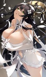 Rule 34 | 1girl, absurdres, azur lane, bare shoulders, black hair, blush, breasts, center opening, cleavage, detached collar, dress, elbow gloves, flower, gloves, green eyes, hair flower, hair ornament, hair ribbon, highres, indomitable (azur lane), large breasts, long hair, looking at viewer, navel, neck ribbon, open mouth, ribbon, solo, thighs, very long hair, white dress, white gloves, yamaha tsui