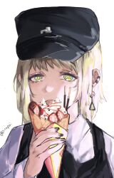 Rule 34 | 1girl, black nails, blonde hair, chainsaw man, crepe, dress, earrings, fami (chainsaw man), food, fourth east high school uniform, hat, highres, jewelry, looking at viewer, military hat, pinafore dress, piro (piropoi), pocky, ringed eyes, school uniform, short hair, simple background, sleeveless dress, solo, tassel, tassel earrings, twitter username, white background, yellow eyes