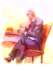 Rule 34 | 1boy, formal, glasses, highres, jojo no kimyou na bouken, male focus, old, papers, robert e. o. speedwagon, scar, solo, suit, white hair, yuu knight3858