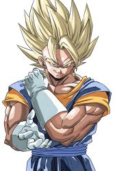 Rule 34 | 1boy, blonde hair, blue pants, blue sash, blue shirt, dragon ball, dragonball z, earrings, gloves, green eyes, highres, jewelry, looking at viewer, male focus, medium hair, muscular, muscular male, orange shirt, pants, potara earrings, reeya, sash, shirt, simple background, smirk, solo, spiked hair, upper body, vegetto, white background, white gloves