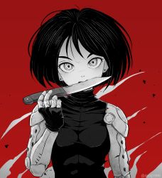 Rule 34 | 1girl, bob cut, bodysuit, breasts, combat knife, cyberpunk, cyborg, dang chen, earrings, fingerless gloves, alita, gloves, battle angel alita, head tilt, highres, jewelry, knife, looking at viewer, mechanical arms, medium breasts, monochrome, mouth hold, red background, short hair, skin tight, sleeveless, sleeveless bodysuit, solo, stud earrings, twitter username, weapon