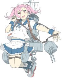 Rule 34 | 1girl, apron, badge, blue sailor collar, blue skirt, rabbit, cannon, frilled skirt, frills, full body, hair bobbles, hair ornament, kantai collection, looking at viewer, machinery, ninimo nimo, pink eyes, pink hair, pleated skirt, puffy short sleeves, puffy sleeves, remodel (kantai collection), rigging, sailor collar, sazanami (kancolle), sazanami kai (kancolle), school uniform, serafuku, short hair, short sleeves, simple background, skirt, smokestack, solo, turret, twintails, white background, white legwear