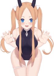 Rule 34 | 1girl, abigail williams (fate), absurdres, black leotard, blonde hair, blue eyes, blush, breasts, chain, collar, collarbone, covered navel, fate/grand order, fate (series), forehead, highleg, highleg leotard, highres, jilu, leaning forward, leotard, long hair, looking at viewer, open mouth, parted bangs, sidelocks, small breasts, smile, solo, twintails