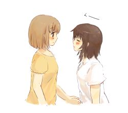 Rule 34 | 2girls, blush, brown hair, closed eyes, closed mouth, commentary request, foomi, light brown hair, long hair, looking at another, lowres, multiple girls, original, puffy short sleeves, puffy sleeves, red eyes, shirt, short sleeves, simple background, smile, waiting for kiss, white background, white shirt, yellow shirt, yuri