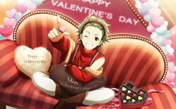 Rule 34 | 1boy, candy, chocolate, chocolate heart, couch, crossed legs, food, green eyes, green hair, hairband, happy valentine, heart, highres, idolmaster, idolmaster side-m, idolmaster side-m live on stage!, mitarai shouta, official art, on couch, one eye closed, smile, solo, teeth