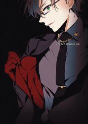 Rule 34 | 1boy, black background, black hair, black necktie, chain, dated, formal, glasses, gloves, green eyes, hypnosis mic, iruma jyuto, jacket, male focus, necktie, profile, red gloves, smile, solo, suit, tianel ent, twitter username, two-sided fabric, two-sided jacket, upper body