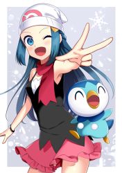 Rule 34 | 1girl, ;d, absurdres, bad id, bad pixiv id, black shirt, blue eyes, blue hair, bracelet, cowboy shot, creatures (company), dawn (pokemon), floating hair, frilled skirt, frills, game freak, gen 4 pokemon, hat, highres, jewelry, long hair, miniskirt, nintendo, one eye closed, open mouth, outstretched arm, pink skirt, piplup, pokemon, pokemon (creature), pokemon dppt, red scarf, scarf, shirt, skirt, sleeveless, sleeveless shirt, smile, snowflakes, standing, very long hair, w, white hat, yuihico