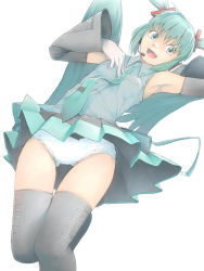 Rule 34 | akinbo (hyouka fuyou), detached sleeves, green hair, hatsune miku, long hair, miniskirt, necktie, panties, skirt, smile, solo, thigh gap, thighhighs, thighs, twintails, underwear, vocaloid