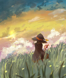 Rule 34 | 1girl, absurdres, black cape, black hat, blue sky, brown hair, cape, cloud, cloudy sky, commentary, dutch angle, facing away, from behind, full body, gradient sky, grass, hand on headwear, hand up, hat, highres, holding, holding staff, kono subarashii sekai ni shukufuku wo!, megumin, naaga (pontania123), outdoors, pink sky, scenery, sky, solo, staff, standing, sunset, tall grass, wind, witch hat, yellow sky