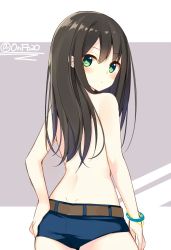 Rule 34 | 10s, 1girl, ass, bangle, bekotarou, belt, bracelet, brown hair, dimples of venus, from behind, green eyes, hand on own hip, hands on own hips, highres, idolmaster, idolmaster cinderella girls, jewelry, long hair, looking at viewer, looking back, outside border, shibuya rin, short shorts, shorts, simple background, solo, topless, twitter username