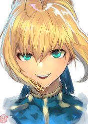 Rule 34 | 1girl, ahoge, artoria pendragon (all), artoria pendragon (fate), blonde hair, blue bow, blue dress, bow, braid, dress, fate/grand order, fate/stay night, fate (series), french braid, green eyes, hair between eyes, highres, looking at viewer, painterly, realistic, saber (fate), smile, solo, teeth, upper body, white background, yuki flourish