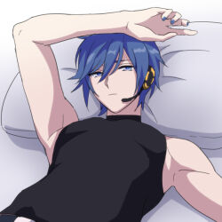 Rule 34 | 1boy, akiyoshi (tama-pete), arm rest, arm up, armpits, blue eyes, blue hair, blue nails, closed mouth, expressionless, hair between eyes, head on pillow, headset, kaito (vocaloid), looking at viewer, lying, male focus, on back, sleeveless, sleeveless turtleneck, solo, turtleneck, upper body, vocaloid