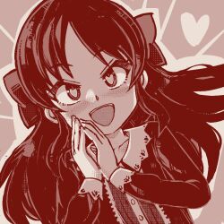 Rule 34 | 1girl, collarbone, commentary request, dutch angle, hair ribbon, heart, heart-shaped pupils, idolmaster, idolmaster cinderella girls, long hair, long sleeves, looking at viewer, monochrome, monochrome background, open mouth, own hands together, parted bangs, ribbon, simple background, smile, solo, straight-on, symbol-shaped pupils, tachibana arisu, teeth, torotei, upper body, upper teeth only