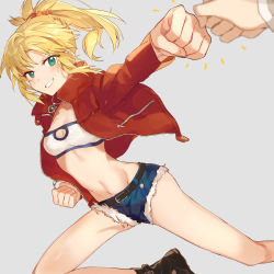Rule 34 | belt, blonde hair, cutoffs, fang, fate/apocrypha, fate (series), fist bump, green eyes, grey background, grin, highres, jacket, jewelry, leather, leather jacket, midriff, mordred (fate), mordred (fate/apocrypha), mordred (memories at trifas) (fate), navel, necklace, ponytail, popped collar, pov, rizu033, short hair, shorts, simple background, smile, strapless, tube top