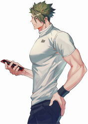 Rule 34 | 1boy, absurdres, achilles (fate), black panties, black wristband, cellphone, closed mouth, cowboy shot, fate/apocrypha, fate (series), fingernails, from side, green hair, hand on own ass, haruakira, highres, holding, holding phone, large pectorals, male focus, panties, pectorals, phone, shirt, short hair, short sleeves, simple background, smartphone, solo, undercut, underwear, white background, white shirt