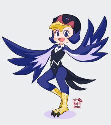 Rule 34 | bird hat, duel monster, feathered wings, harpy, helmet, lyrilusc - sapphire swallow, monster girl, non-web source, open mouth, smile, solo, standing, standing on one leg, winged arms, wings, yu-gi-oh!