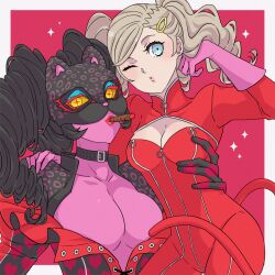 Rule 34 | + +, 2girls, animal ears, arm around shoulder, arm around waist, belt collar, black hair, blue eyes, bodysuit, border, breasts, carmen (persona 5), cat ears, cat mask, catsuit, cigar, cleavage, collar, colored skin, drill hair, full-length zipper, gloves, large breasts, looking at viewer, mask, multiple girls, o3o, outside border, persona, persona 5, pink background, pink gloves, purple skin, red bodysuit, red lips, takamaki anne, twin drills, twintails, white border, yellow eyes, yosikawayuzu, zipper, zipper bodysuit